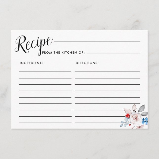 Blush Pink Rose Floral Bridal Recipe Card (Front)