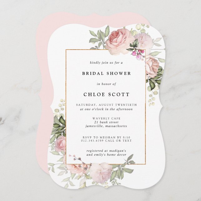 Blush Pink Rose Floral Bridal Shower Invitation (Front/Back)