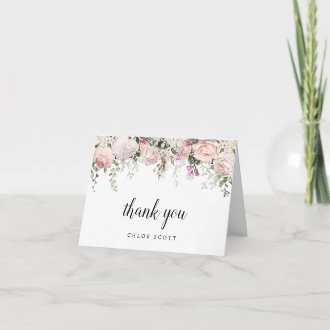 Blush Pink Rose Floral Bridal Shower Photo Thank You Card | Zazzle