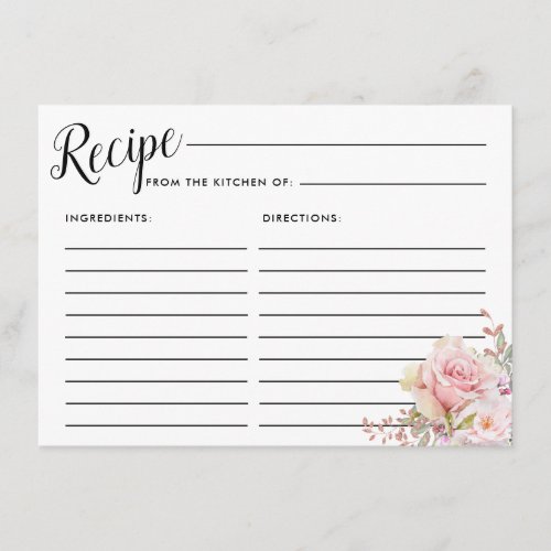 Blush Pink Rose Floral Bridal Shower Recipe Card