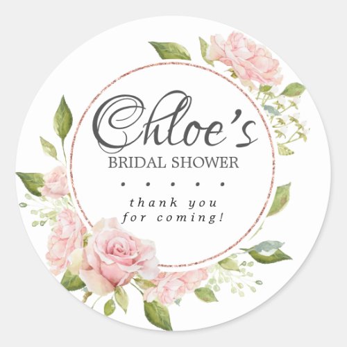 Blush Pink Rose Floral Bridal Shower Thank You Classic Round Sticker