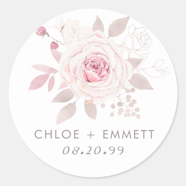 Blush Pink Rose Floral Classic Round Sticker (Front)