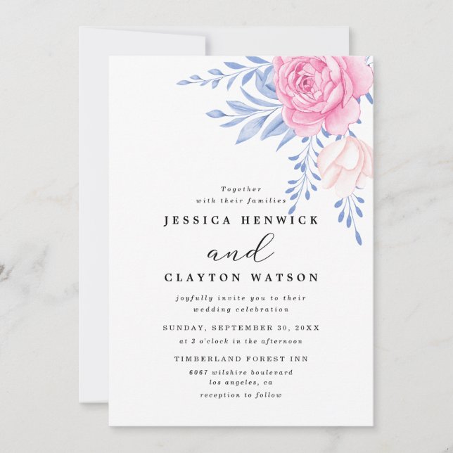 Blush Pink Rose Floral Dusty Blue Leaves Wedding Invitation (Front)