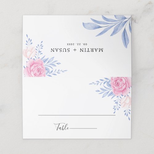 Blush Pink Rose Floral Dusty Blue Leaves Wedding Place Card