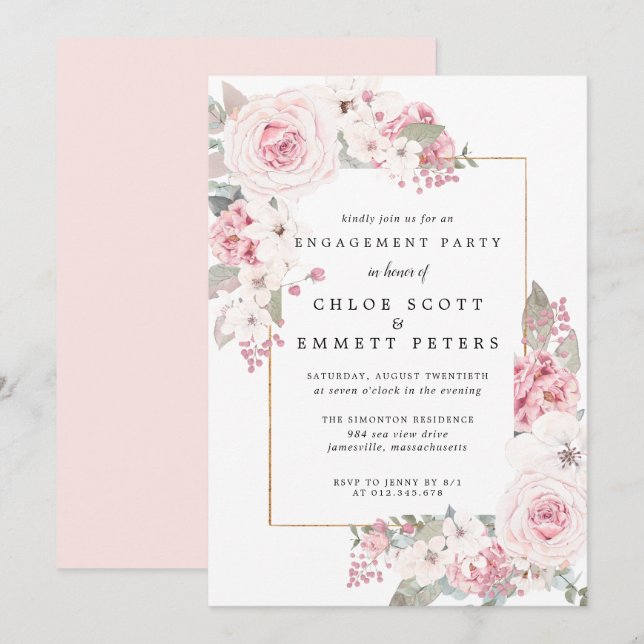 Blush Pink Rose Floral Engagement Party Invitation (Front/Back)
