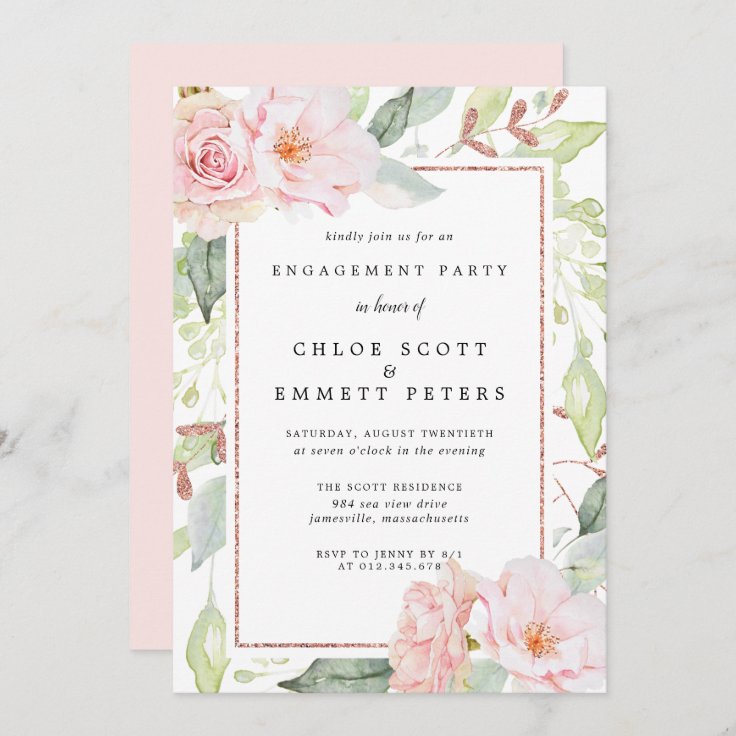 Blush Pink Rose Floral Engagement Party Invitation | Zazzle