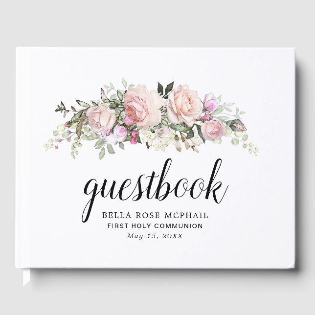 Blush Pink Rose Floral First Communion Guest Book (Front)