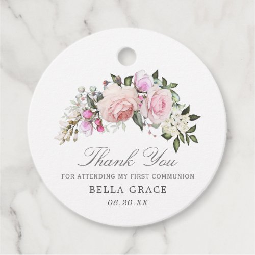 Blush Pink Rose Floral First Communion Thank You Favor Tags