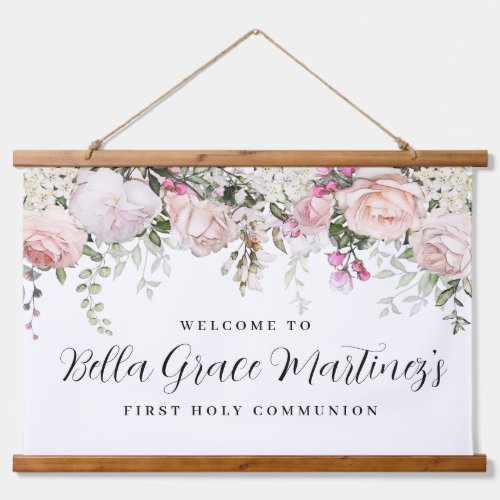 Blush Pink Rose Floral First Communion Welcome Ban Hanging Tapestry
