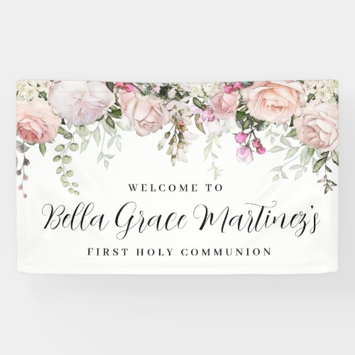 Blush Pink Rose Floral First Communion Welcome Banner
