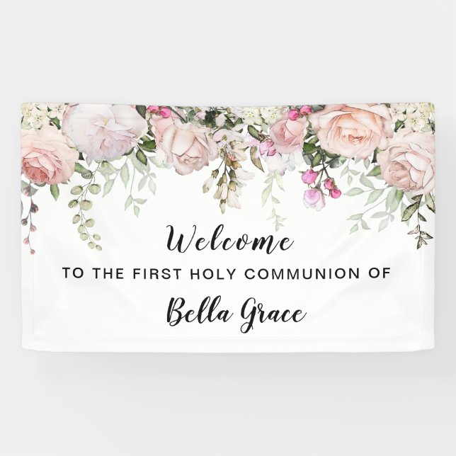 Blush Pink Rose Floral First Communion Welcome Banner (Horizontal)