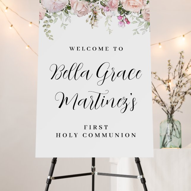 Blush Pink Rose Floral First Communion Welcome Foam Board (In Situ (Stand))