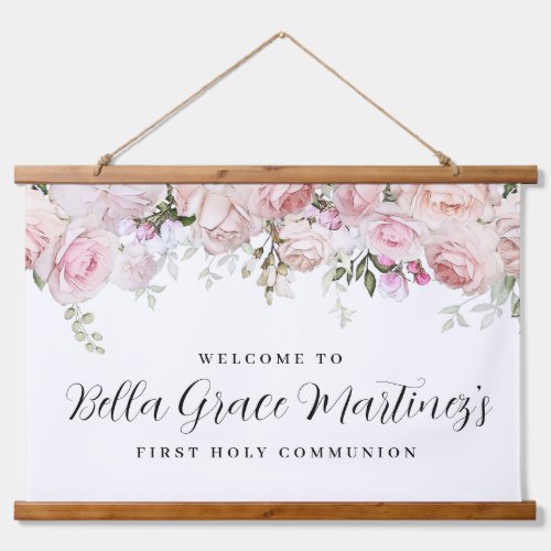 Blush Pink Rose Floral First Communion Welcome Hanging Tapestry