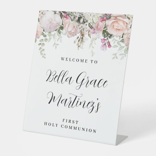 Blush Pink Rose Floral First Communion Welcome Pedestal Sign