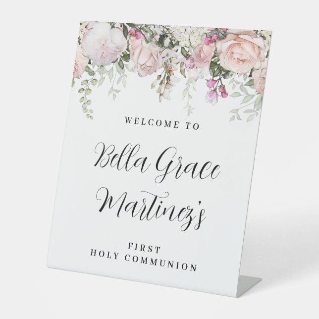 Blush Pink Rose Floral First Communion Welcome Pedestal Sign (Front)