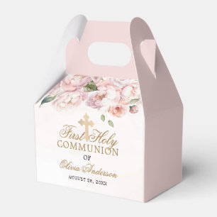 Blush Pink Rose Floral First Holy Communion Favor Boxes