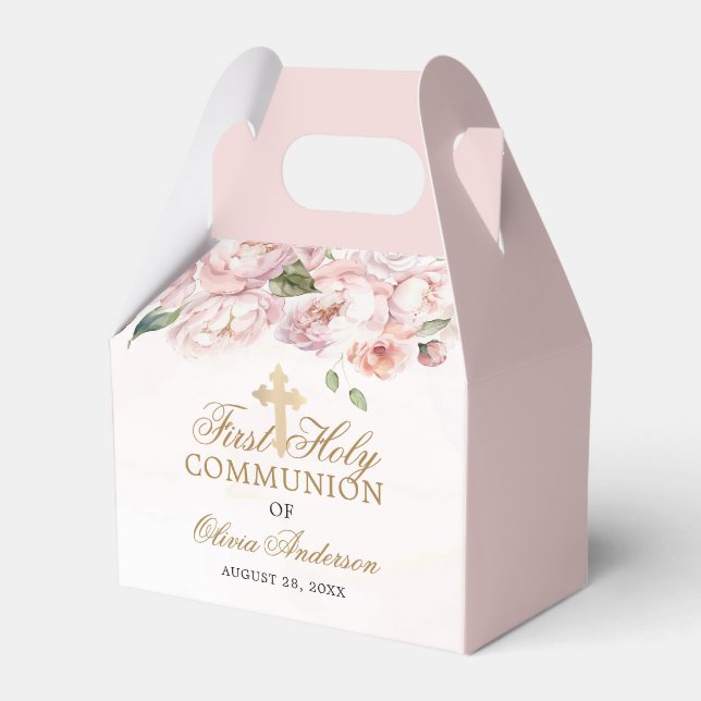 Blush Pink Rose Floral First Holy Communion Favor Boxes (Front Side)