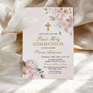 Blush Pink Rose Floral First Holy Communion Invitation