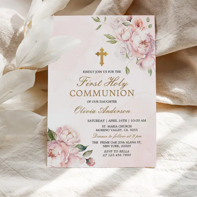 Blush Pink Rose Floral First Holy Communion Invitation | Zazzle