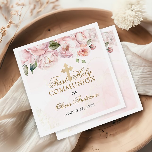 Blush Pink Rose Floral First Holy Communion Napkins (Creator Uploaded)