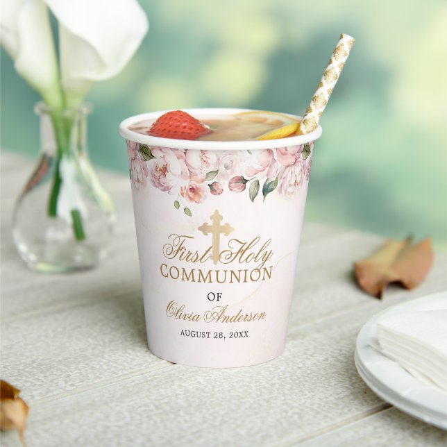 Blush Pink Rose Floral First Holy Communion Paper Cups (Insitu)