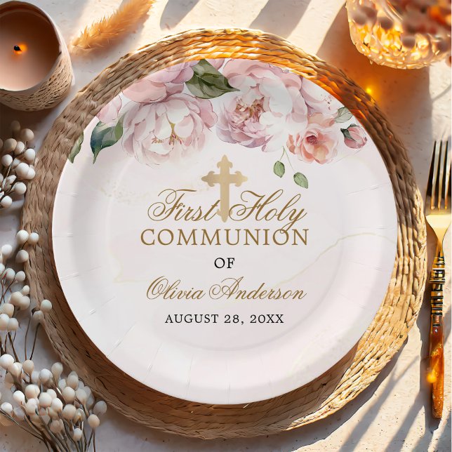 Blush Pink Rose Floral First Holy Communion Paper Plates (Creator Uploaded)