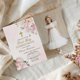 Blush Pink Rose Floral First Holy Communion Photo Invitation