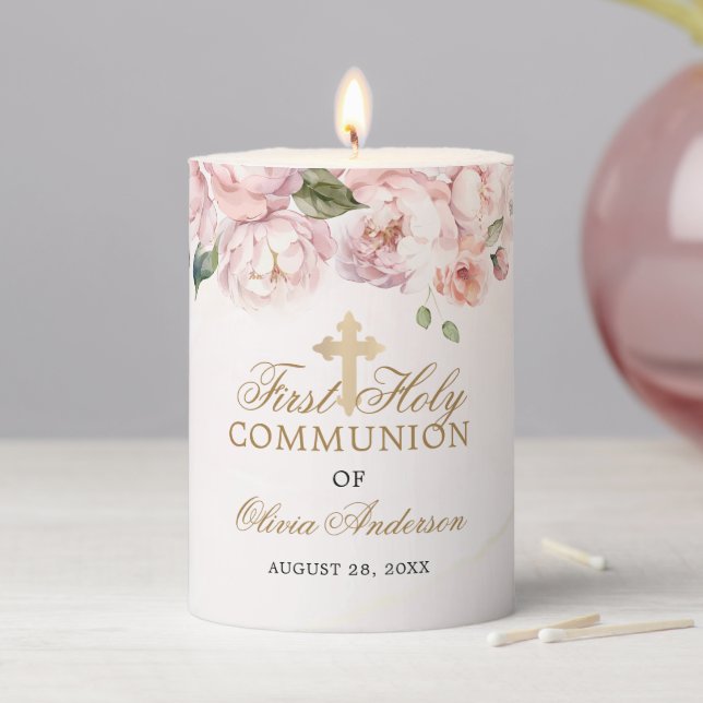 Blush Pink Rose Floral First Holy Communion Pillar Candle (In Situ)