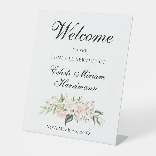 Blush Pink Rose Floral Funeral Service Pedestal Sign (Front)