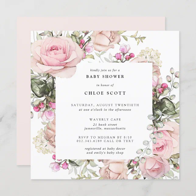 Blush Pink Rose Floral Girl Baby Shower Invitation | Zazzle