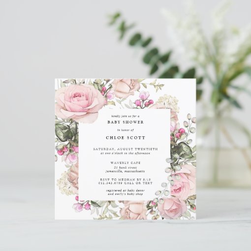 Blush Pink Rose Floral Girl Baby Shower Invitation | Zazzle