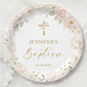 Blush Pink Rose Floral Girl Baptism Paper Plates