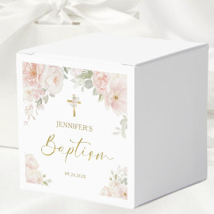 Blush Pink Rose Floral Girl Baptism Personalized Favor Boxes