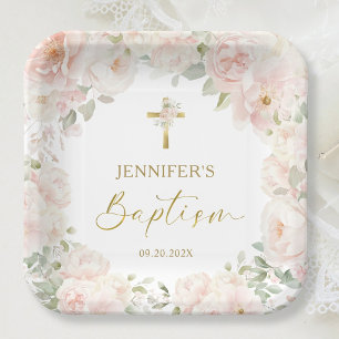 Blush Pink Rose Floral Girl Baptism Square Paper Plates