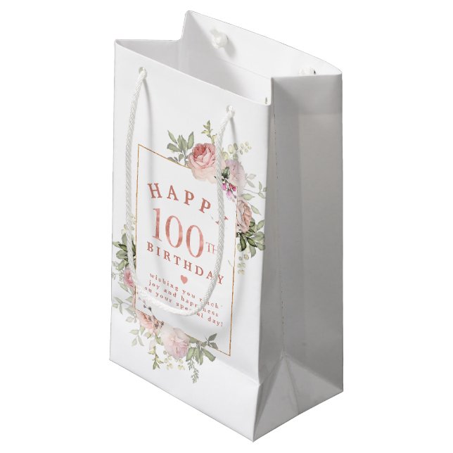Blush Pink Rose Floral Gold 100th Birthday Small Gift Bag (Front Angled)