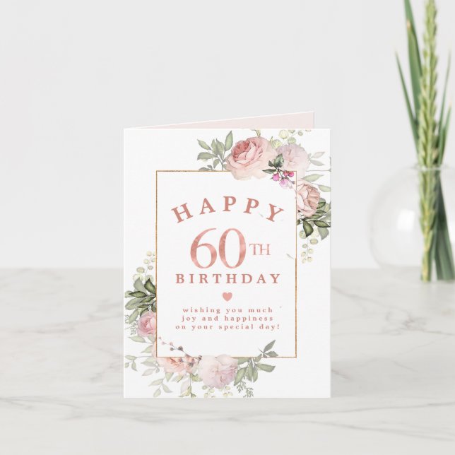 Blush Pink Rose Floral Gold 60th Birthday Card (Front)