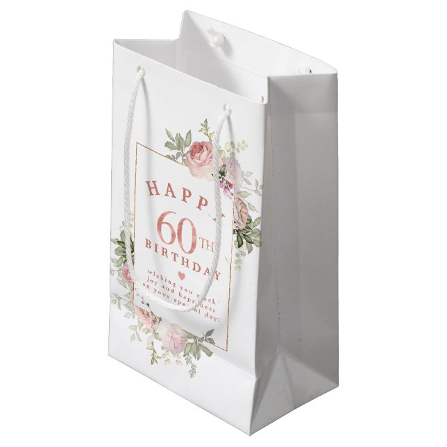 Blush Pink Rose Floral Gold 60th Birthday Small Gift Bag (Front Angled)