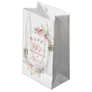 Blush Pink Rose Floral Gold 80th Birthday Small Gift Bag