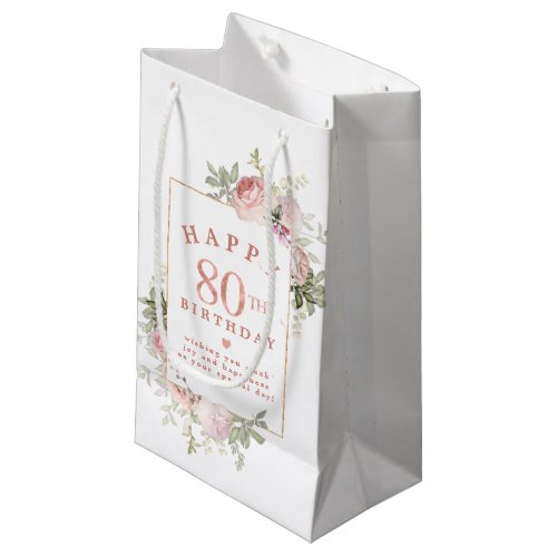 Blush Pink Rose Floral Gold 80th Birthday Small Gift Bag