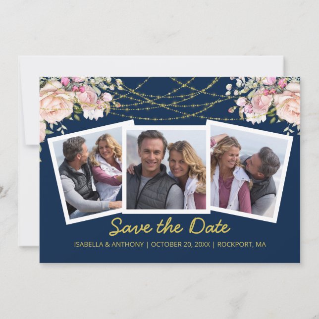 Blush Pink Rose Floral Gold Blue 3 Photo Save The Date (Front)