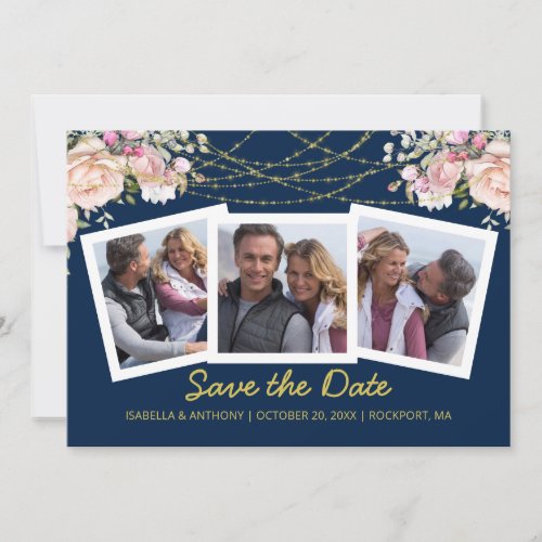 Blush Pink Rose Floral Gold Blue 3 Photo Save The Date