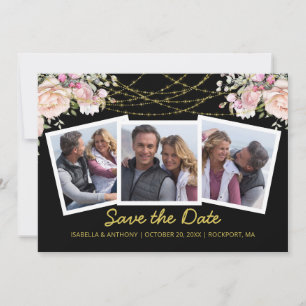Blush Pink Rose Floral Gold Blue 3 Photo Save The  Date