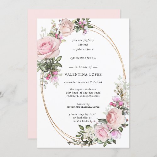 Blush Pink Rose Floral Gold Quinceanera Invitation