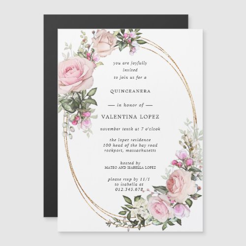 Blush Pink Rose Floral Gold Quinceanera Magnetic Invitation
