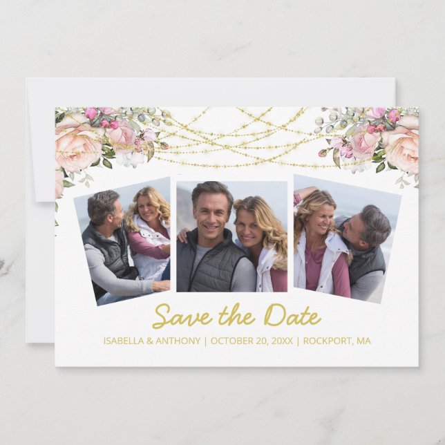 Blush Pink Rose Floral Gold White 3 Photo Save The Date (Front)