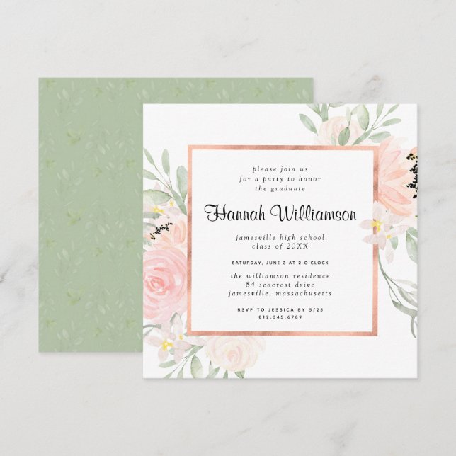Blush Pink Rose Floral Graduation Party Invitation (Front/Back)