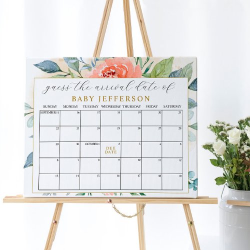 Blush Pink Rose Floral Guess Due Date Calendar Poster