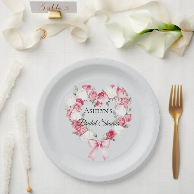 Blush Pink Rose Floral Heart Bridal Shower Paper Plates (Wedding)