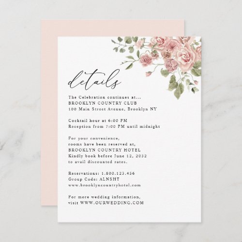 Blush Pink Rose Floral Information Details Wedding Enclosure Card