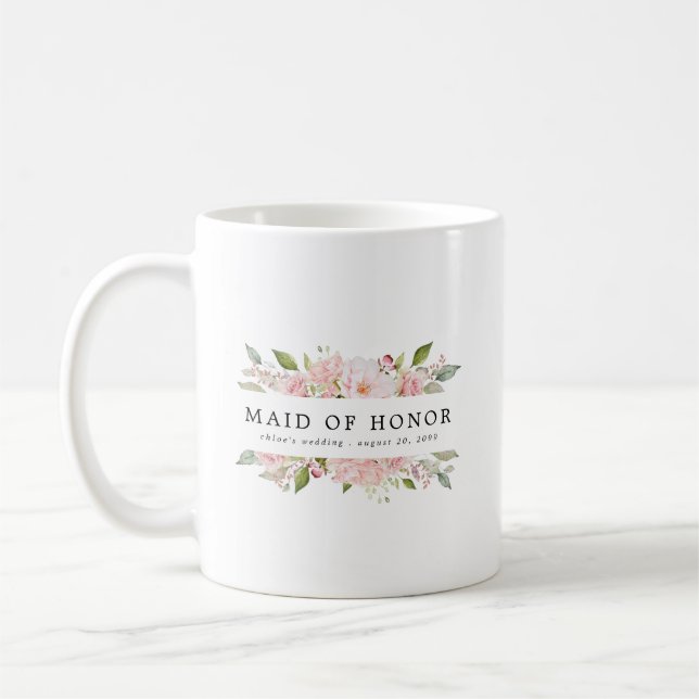 Blush Pink Rose Floral Maid of Honor Coffee Mug (Left)